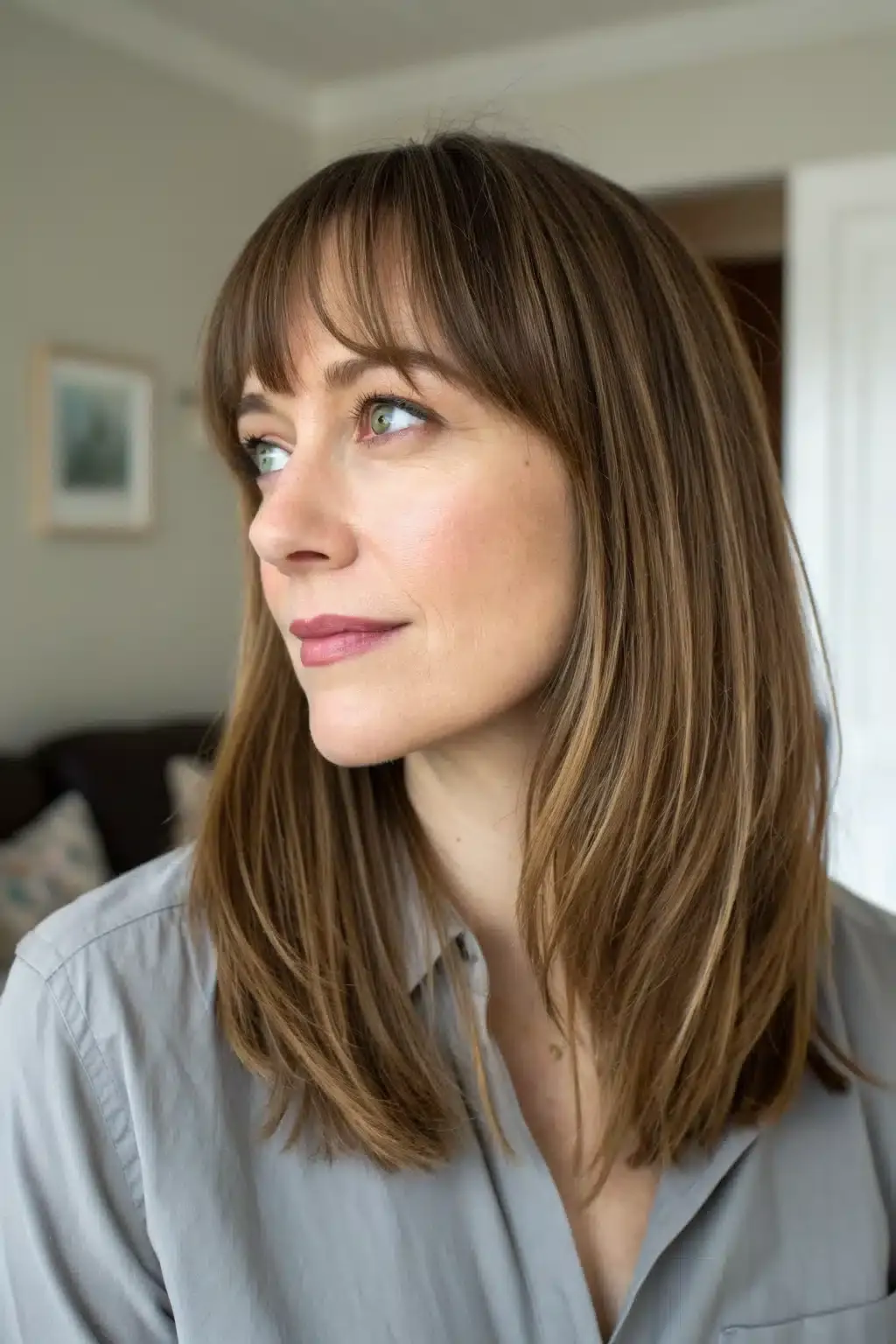 1) Soft Sweep Side Bangs with Shoulder-Length Hair