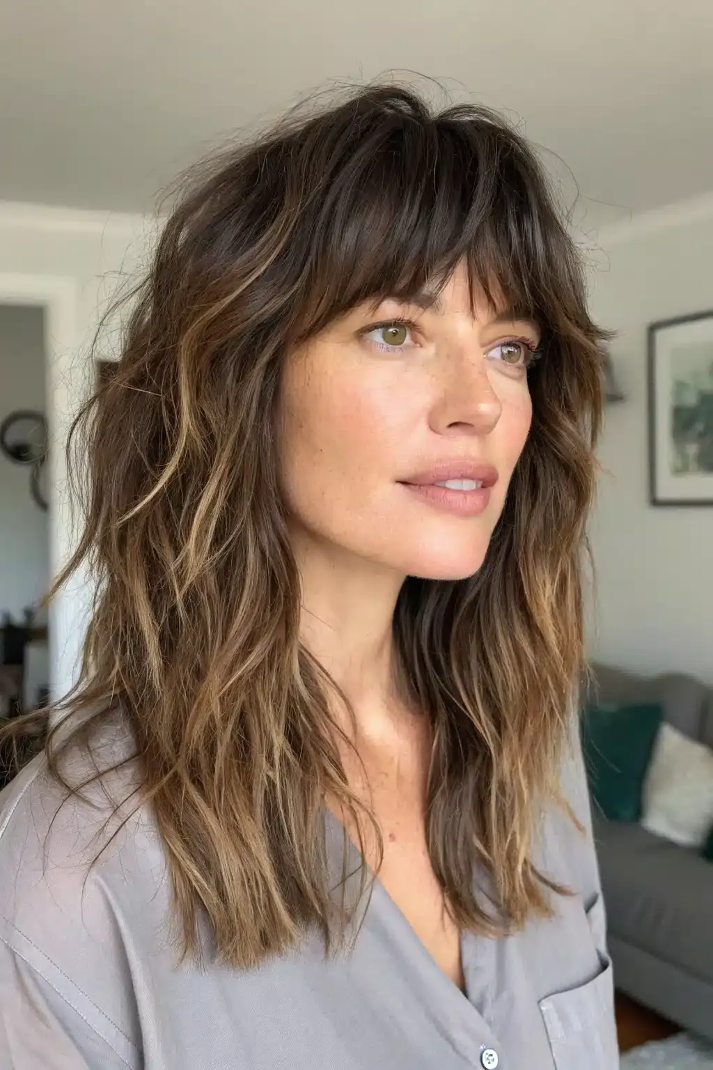 15) Textured Side Bangs for Thick Hair