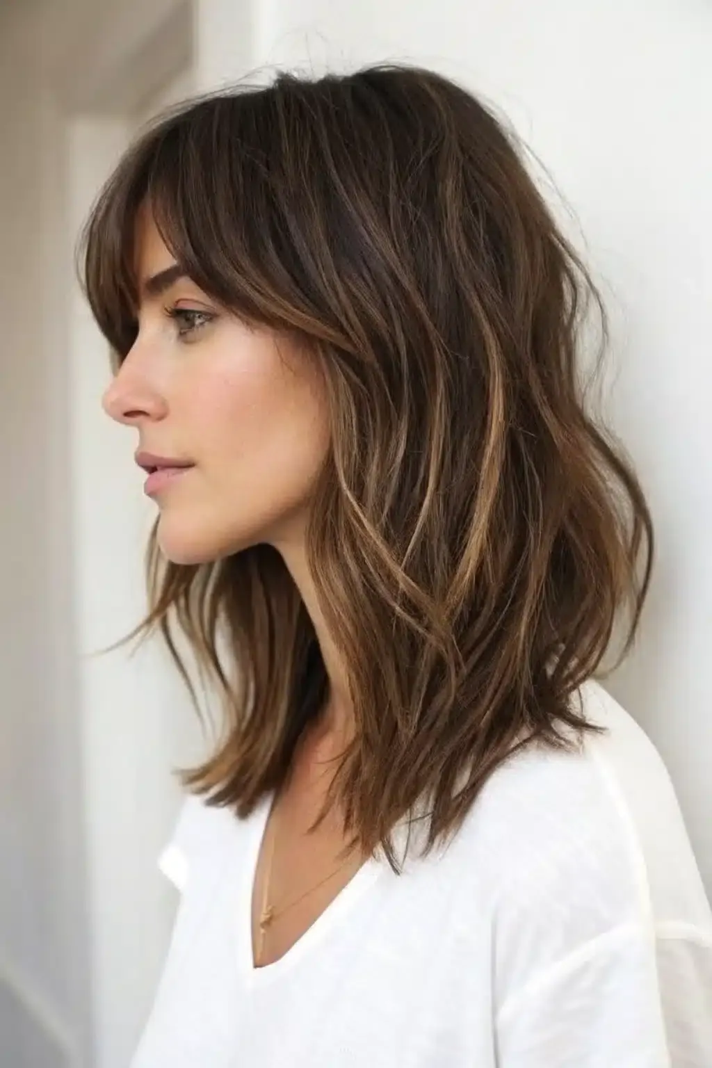 2) Layered long bob with bangs