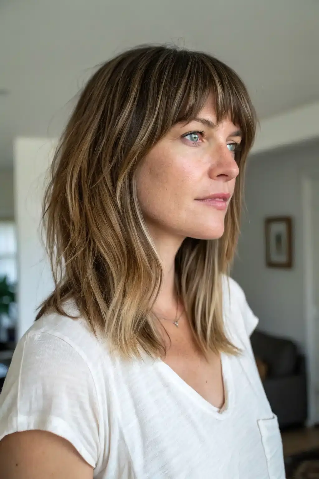 5) Asymmetrical Side Bangs with Layered Cut