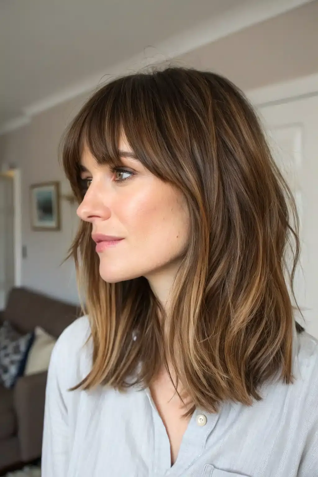 13) Subtle Side Bangs with Balayage Highlights