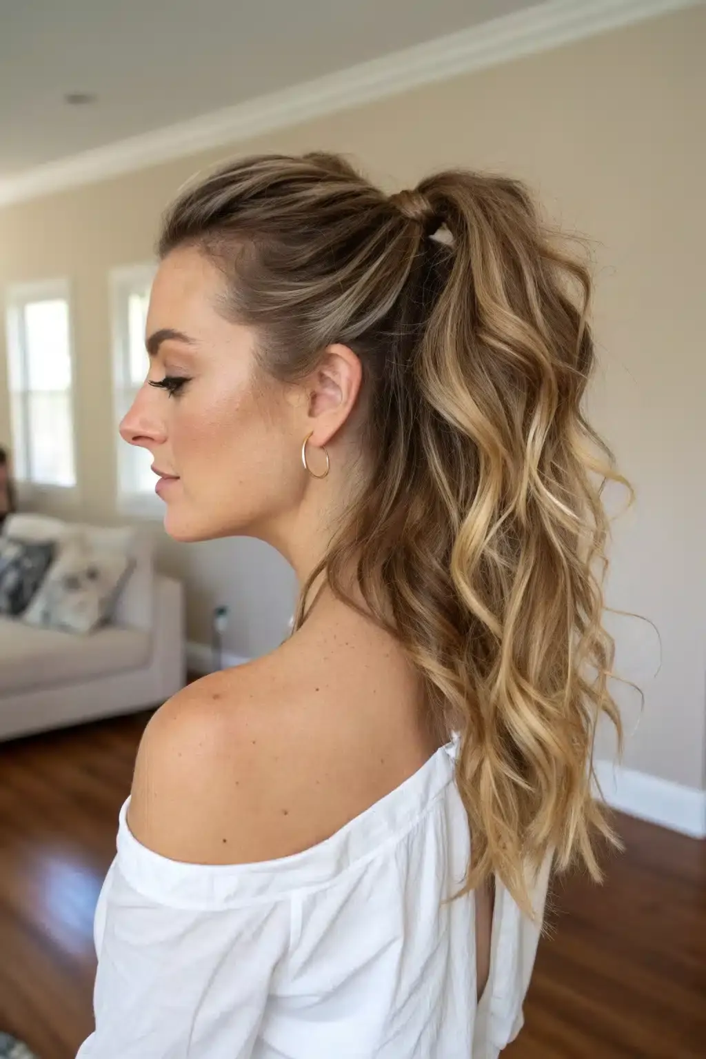 5) Half Ponytail with Beach Waves