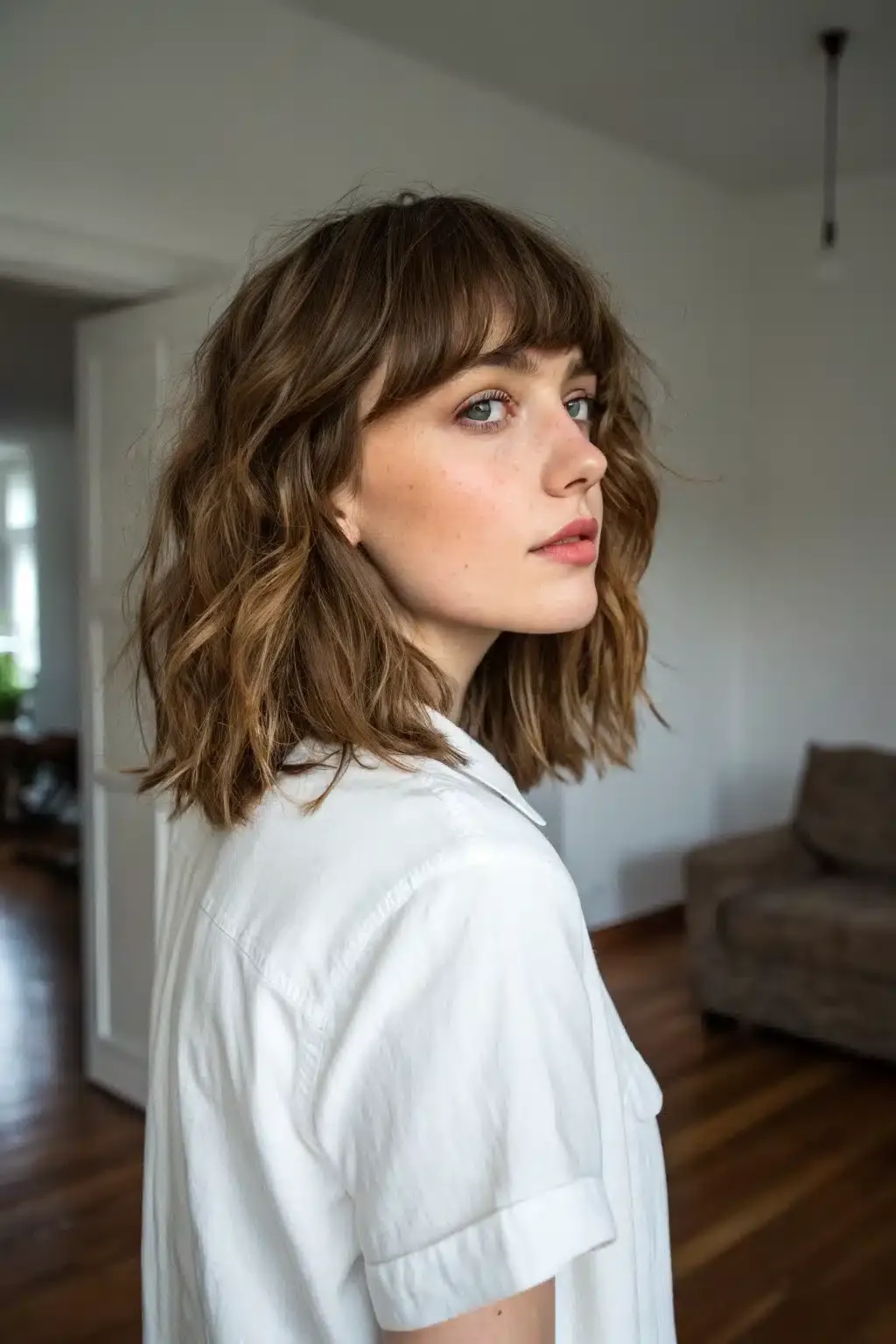 12) Choppy Side Bangs with Tousled Waves