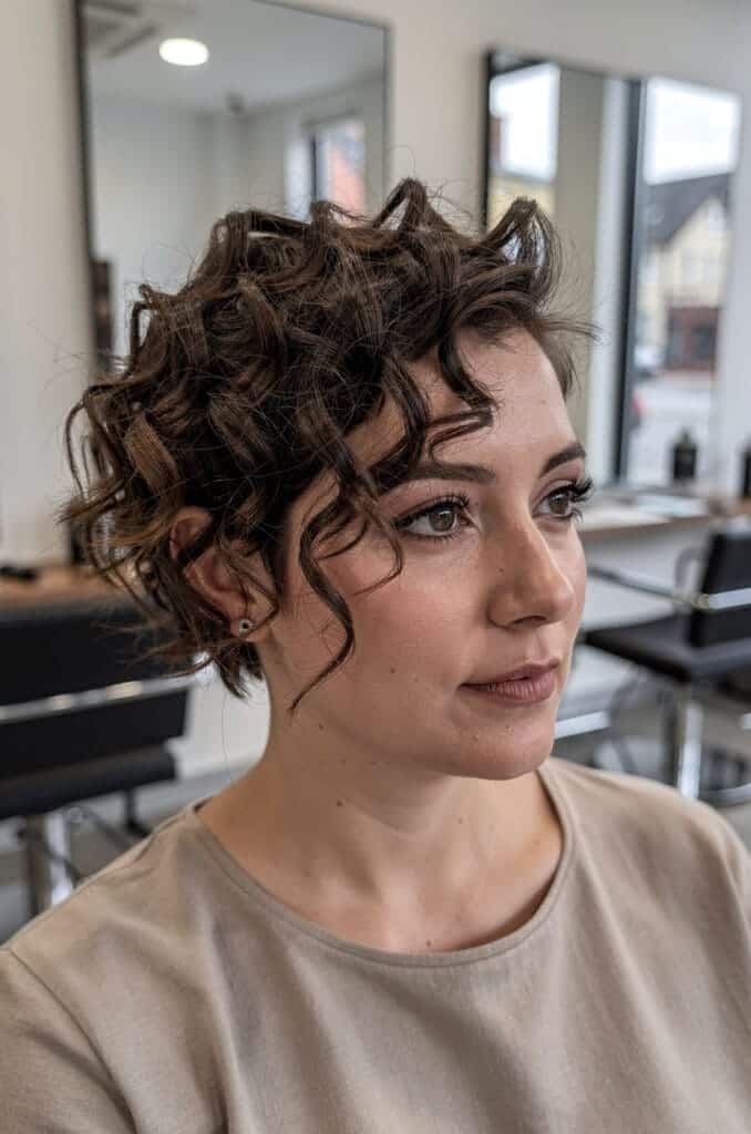 3. Curly Pixie with Long Bangs