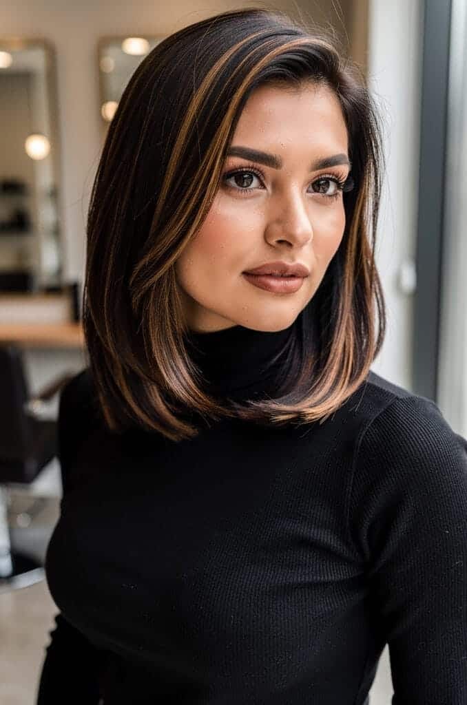 Cocoa Cinnamon Highlights on Dark Brown Hair