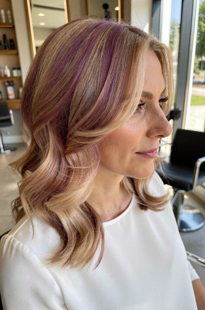 Dusty Mauve Highlights on Blonde Hair