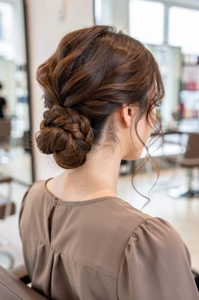 Low Braided Bun With Tendrils