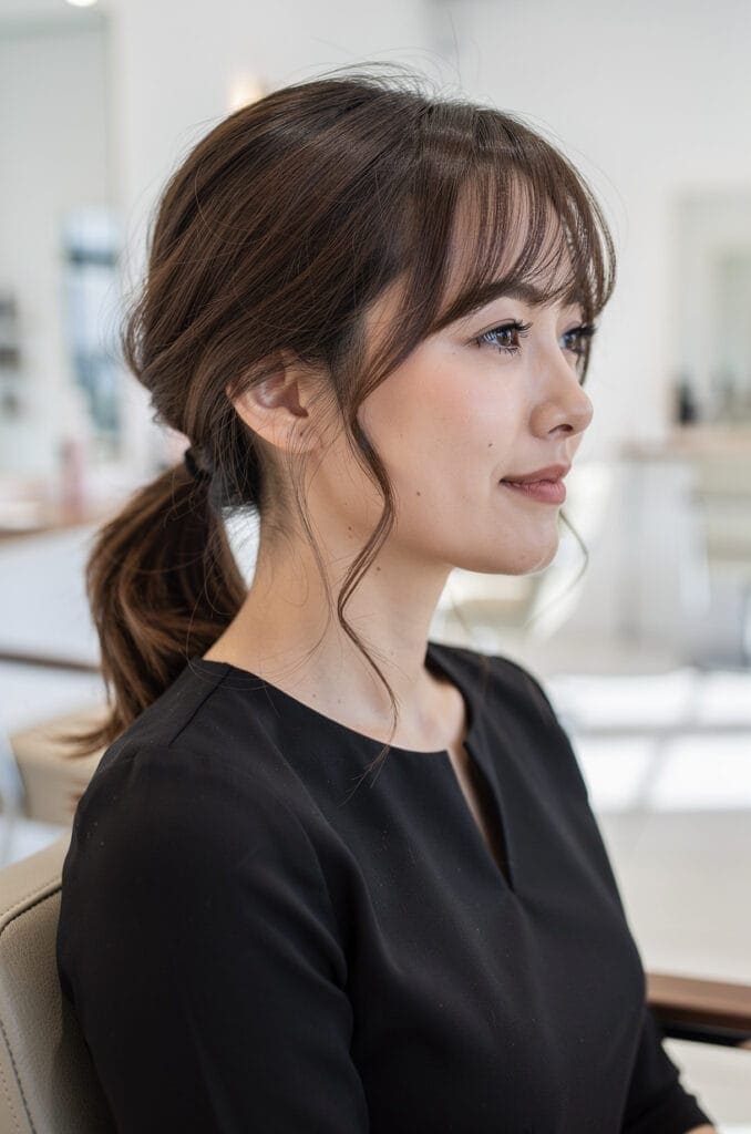 Low Ponytail with Wispy Bangs