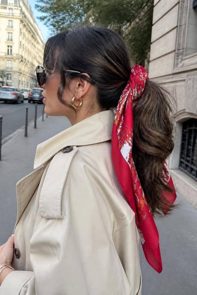 11. Scarf-Tied Wavy Ponytail