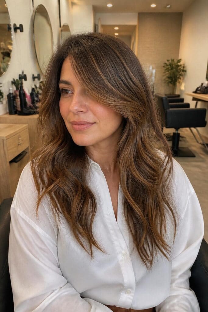 13. Long Hair with Side-Parted Bangs