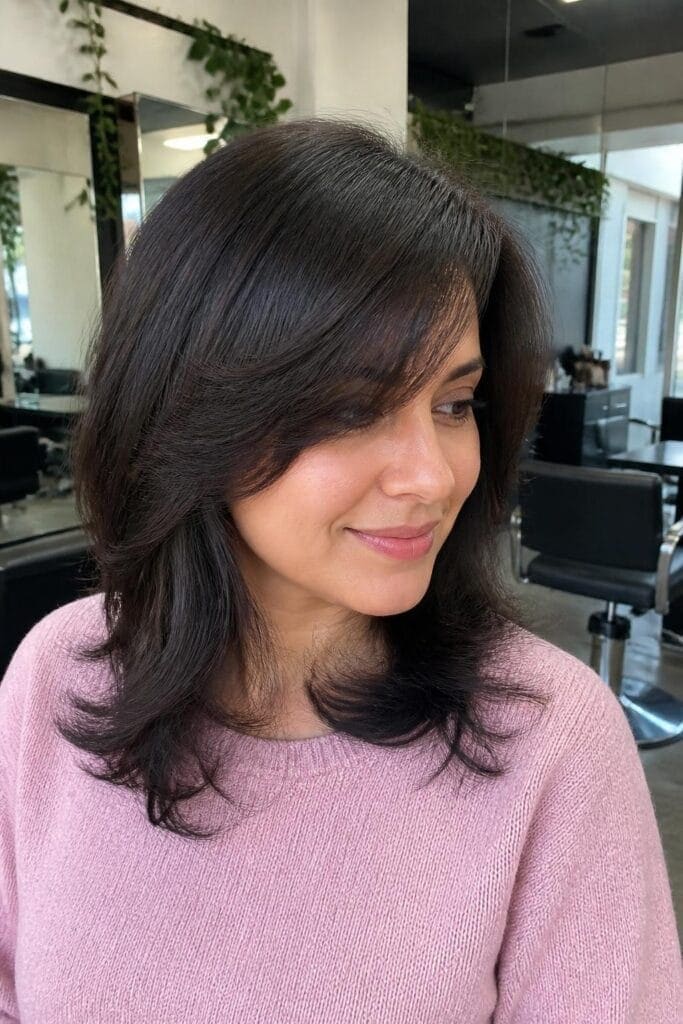 4. Feathered Layers with Side Swept Bangs