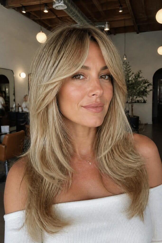 5. Long Layers with Bardot Bangs