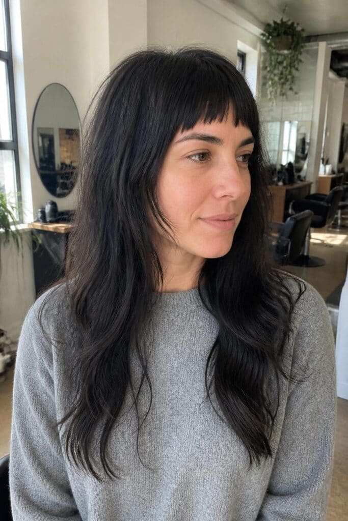 6. Long Hair with Baby Bangs