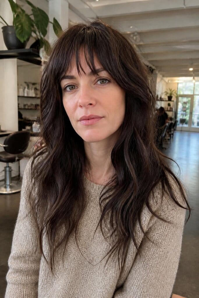 8. Long Hair with Textured Bangs