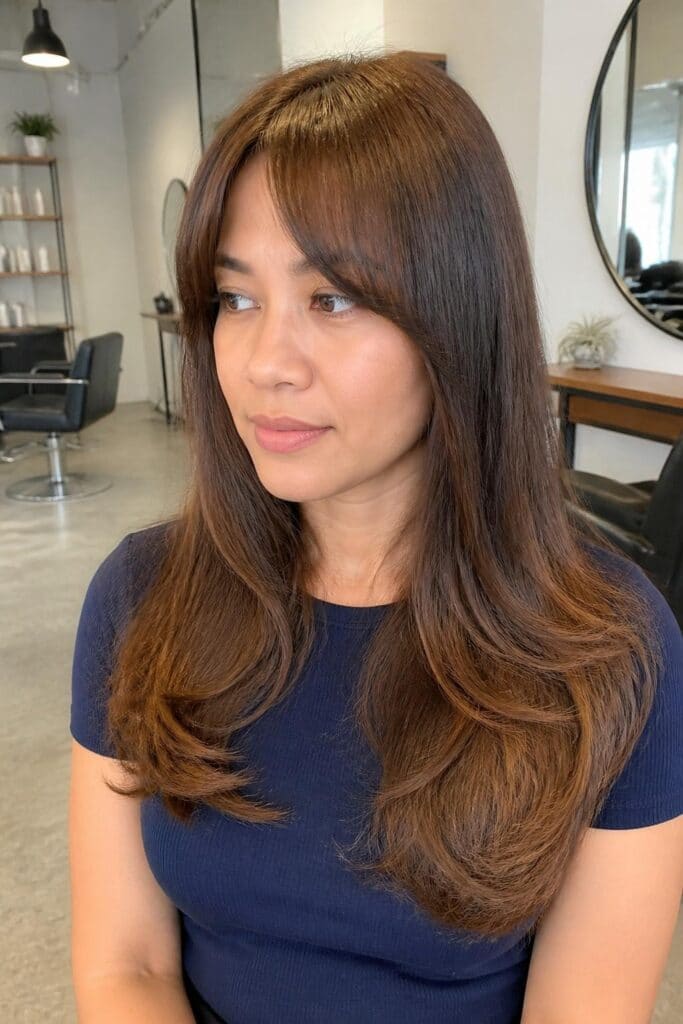 9. Long Hair with Arched Bangs
