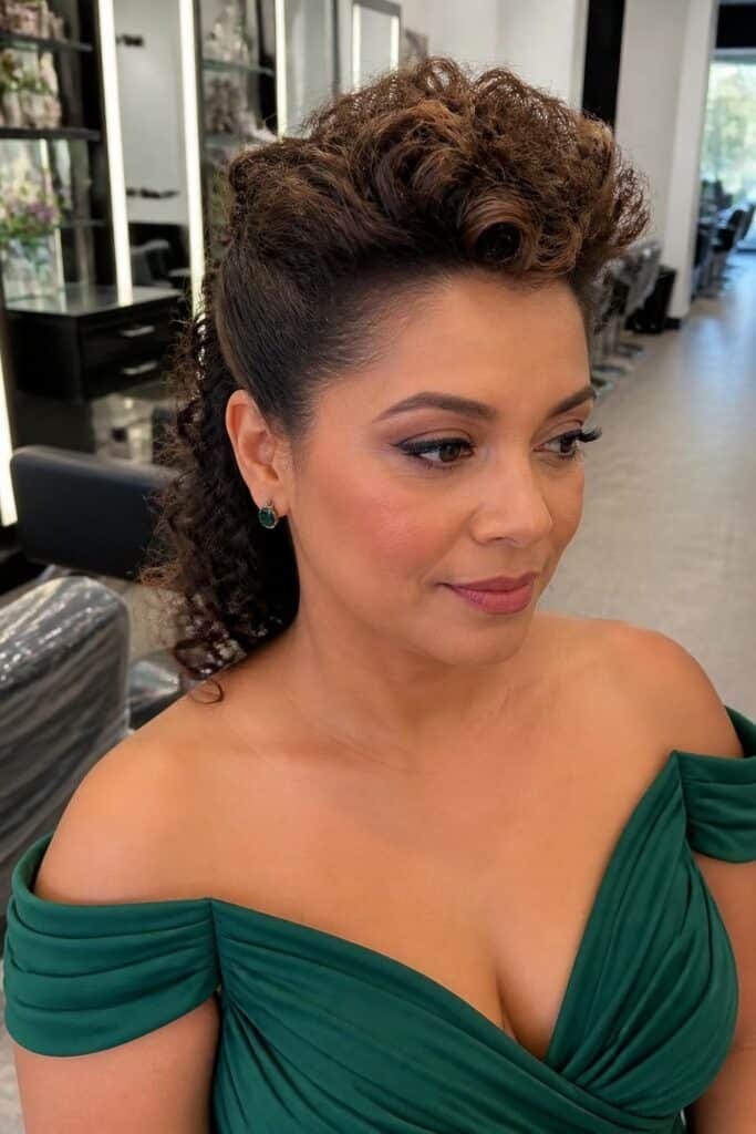 Curly Pompadour with Swept Back Sides