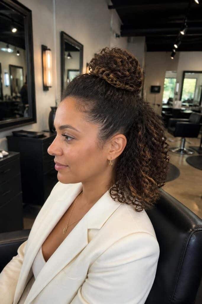 Curly Top Knot with Loose Ends