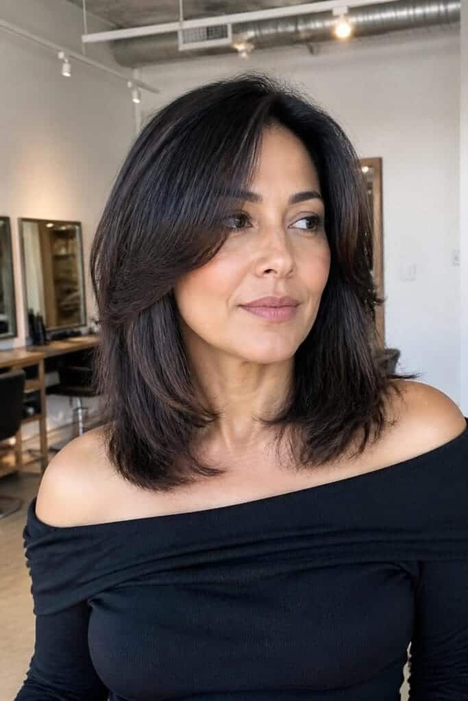 Layered Lob with Face-Framing Curtain Bangs