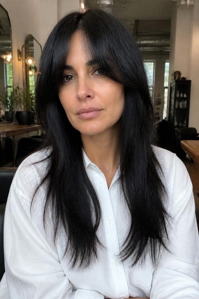 Long Curtain Bangs with Blunt Layers
