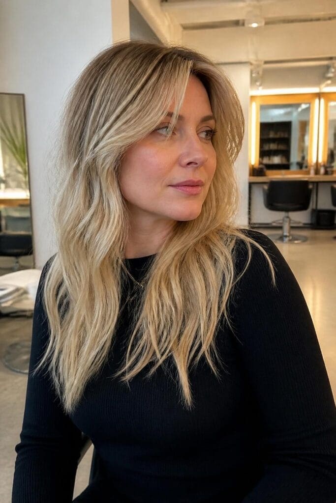 Long Curtain Bangs with Choppy Layers