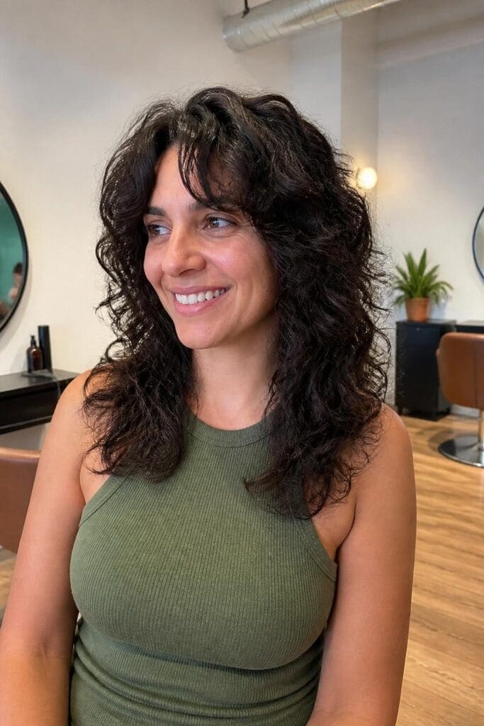 Long Curtain Bangs with Curly Layers