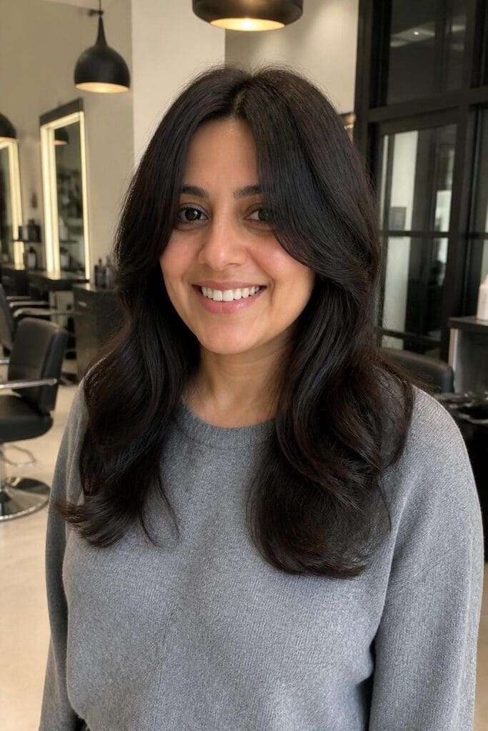 Long Curtain Bangs with Face Framing Layers for Round Faces