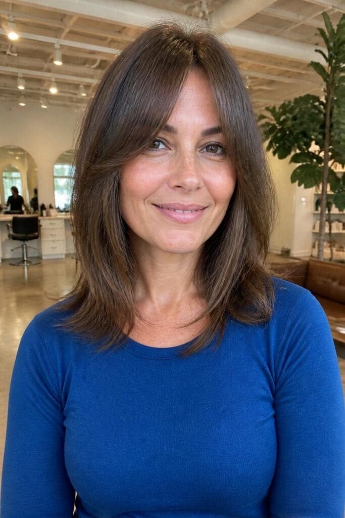 Long Curtain Bangs with Face Framing Layers for Square Faces