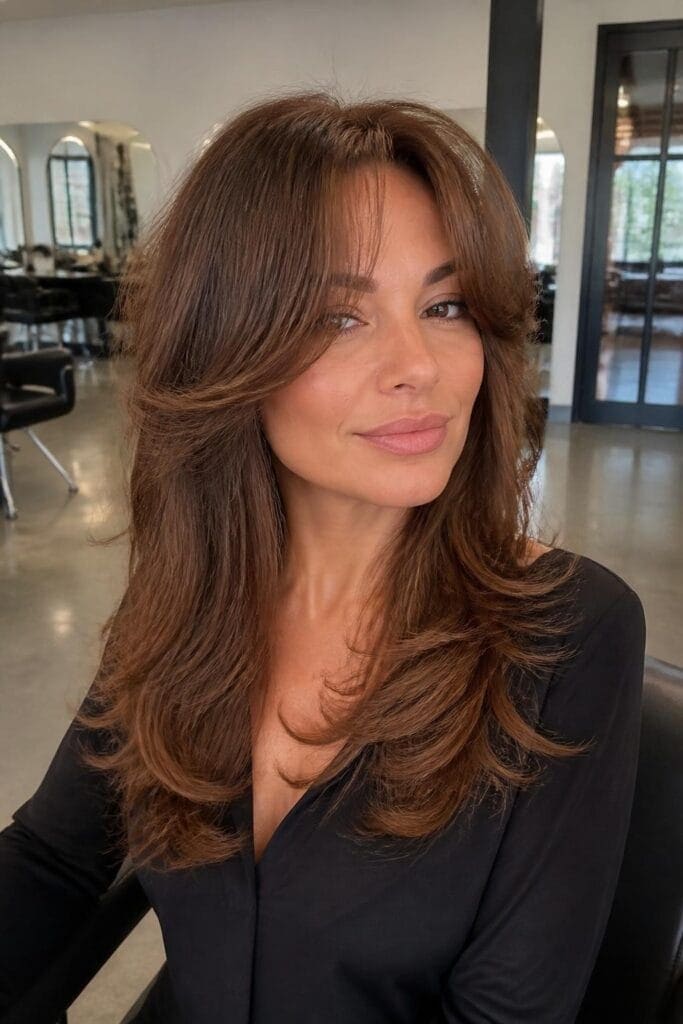 Long Curtain Bangs with Textured Layers for Volume