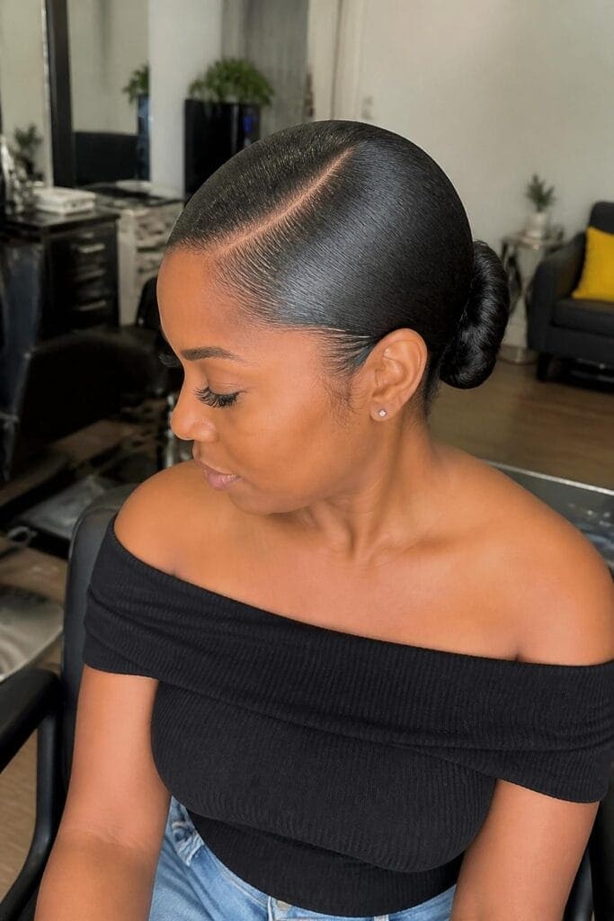 Low Sleek Bun with a Deep Side Part
