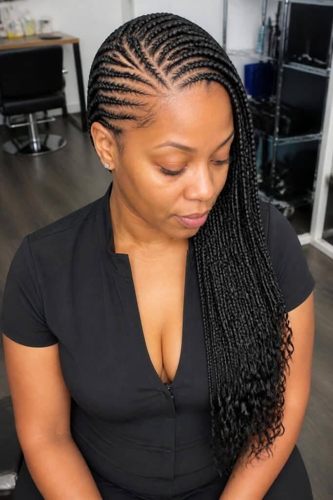 Side-Swept Cornrows with a Deep Part