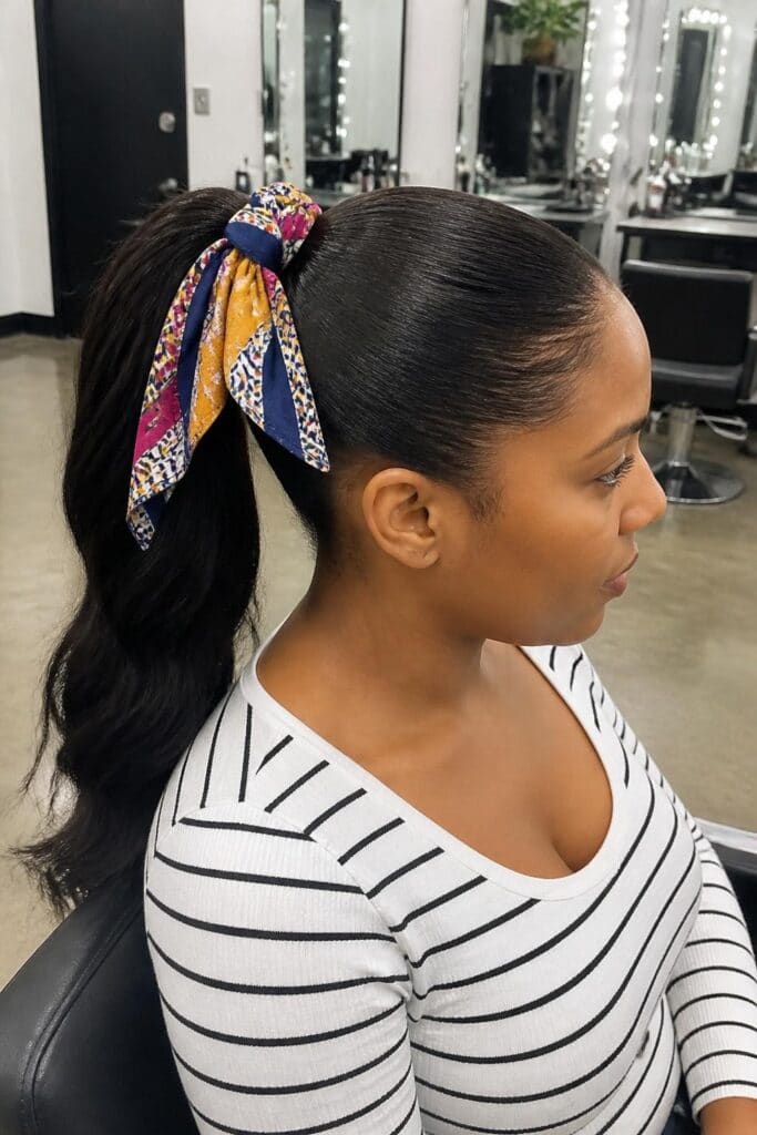 Sleek Ponytail with Scarf Wrap