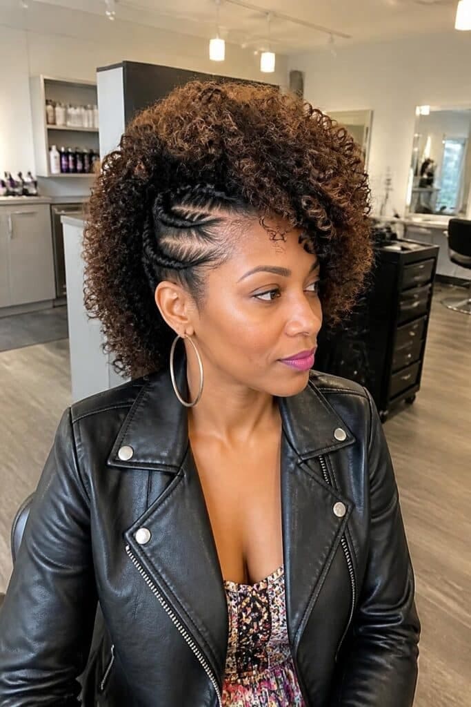 Voluminous Curly Mohawk with Braided Sides