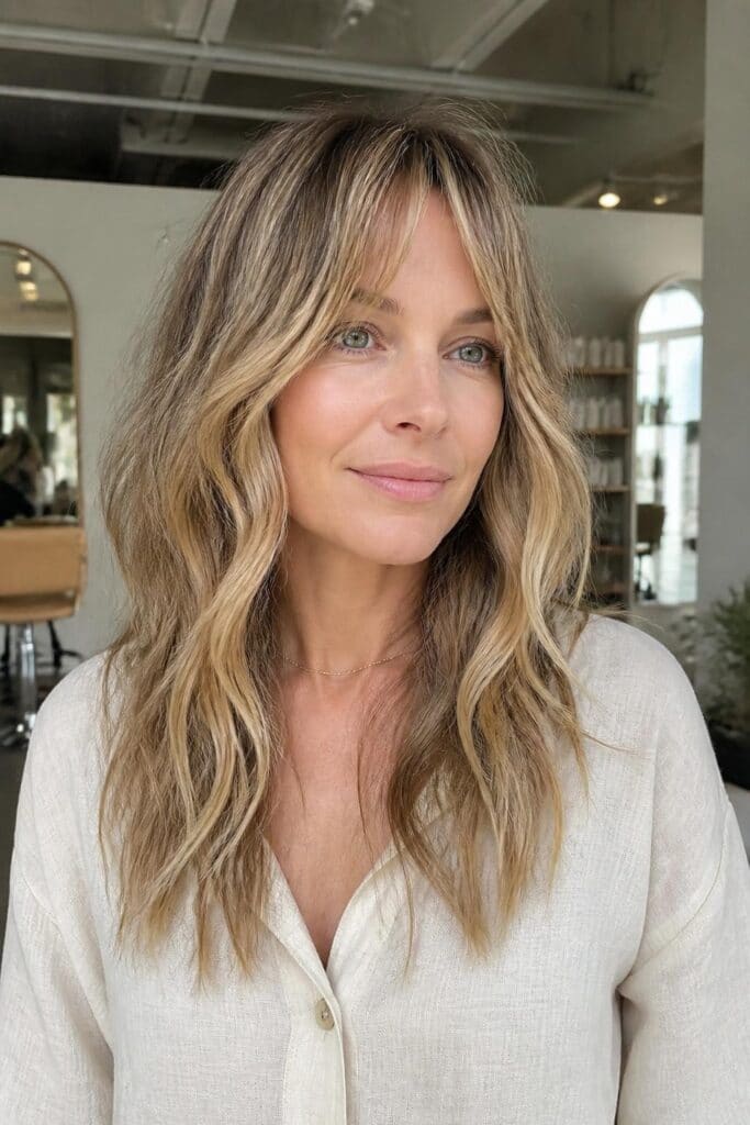 Wispy Curtain Bangs on Beachy Waves