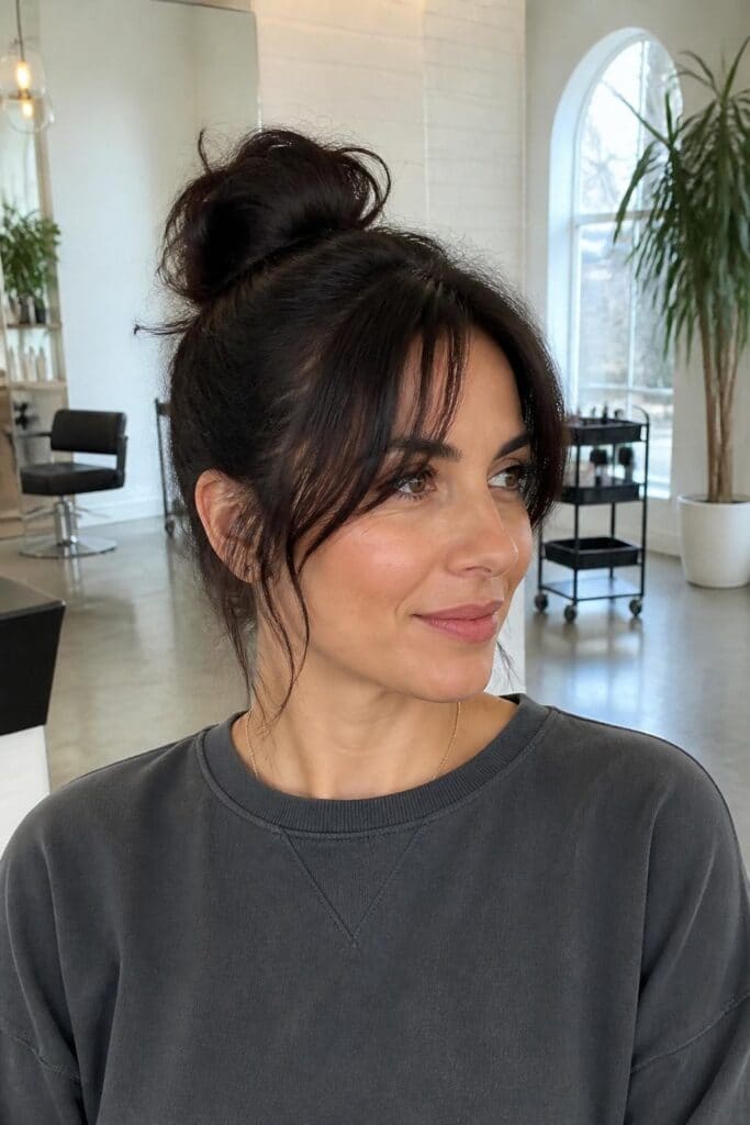 Wispy Curtain Bangs with a Messy Bun
