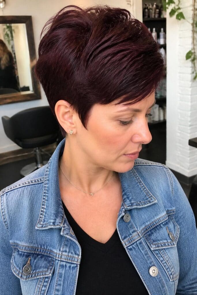 Dark Cherry Coke on Short Pixie Cut