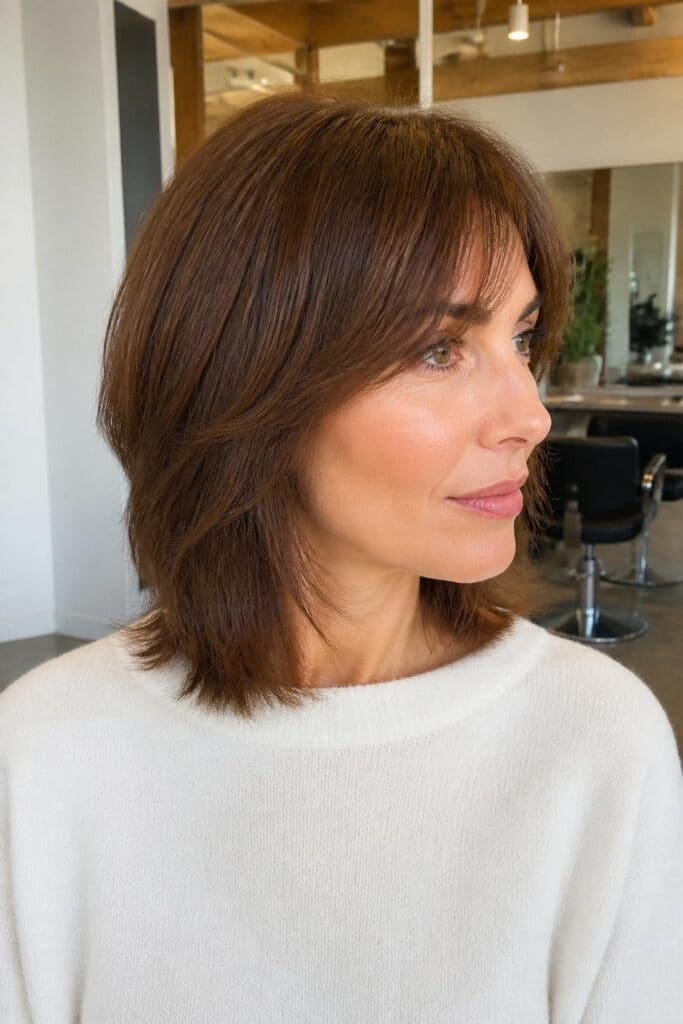 Feathered Bangs with a Layered Lob