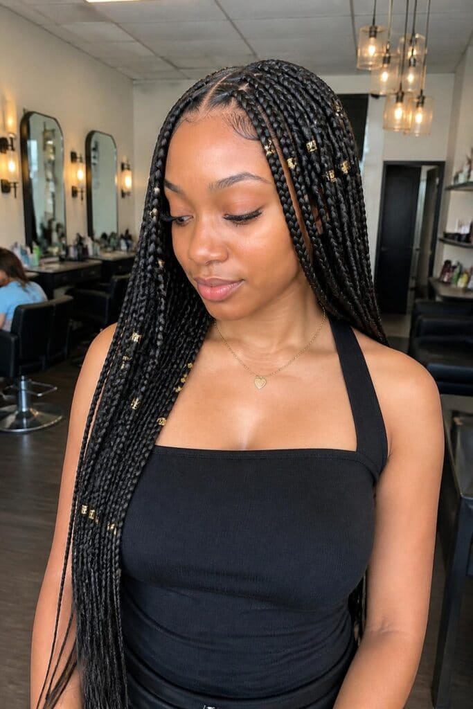 Long Boho Knotless Braids with Gold Cuffs