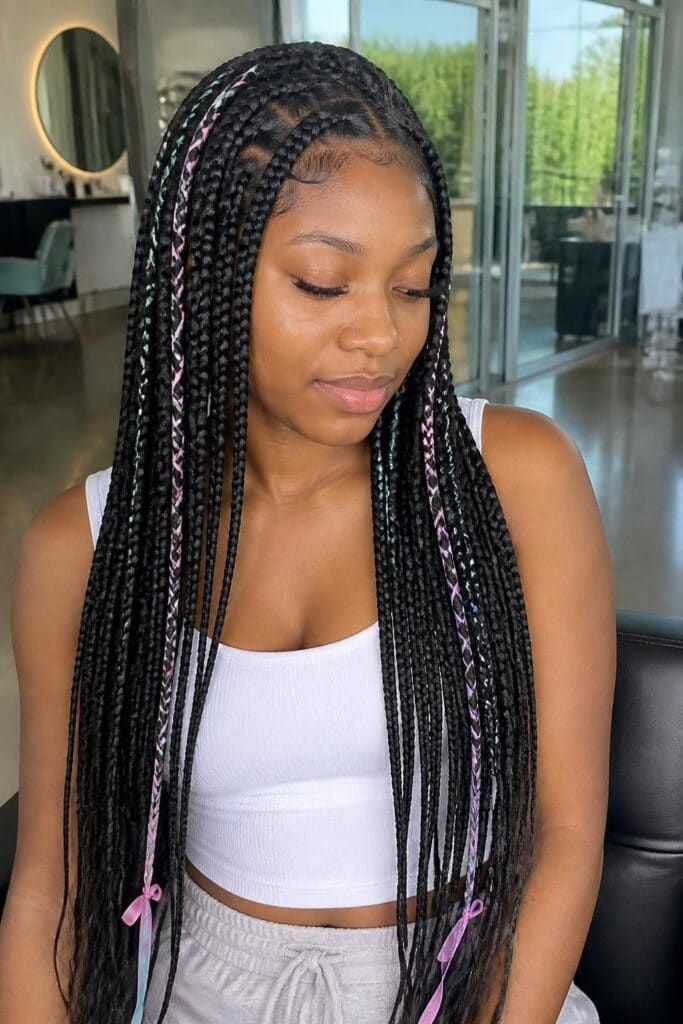 Long Boho Knotless Braids with Ribbon Wraps