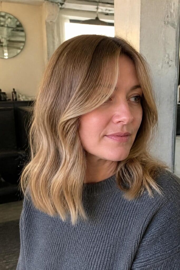Long Curtain Bangs with a Wavy Lob