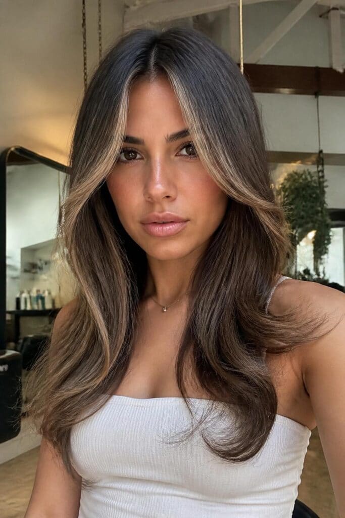 Long Layers with Curtain Bangs and Highlights