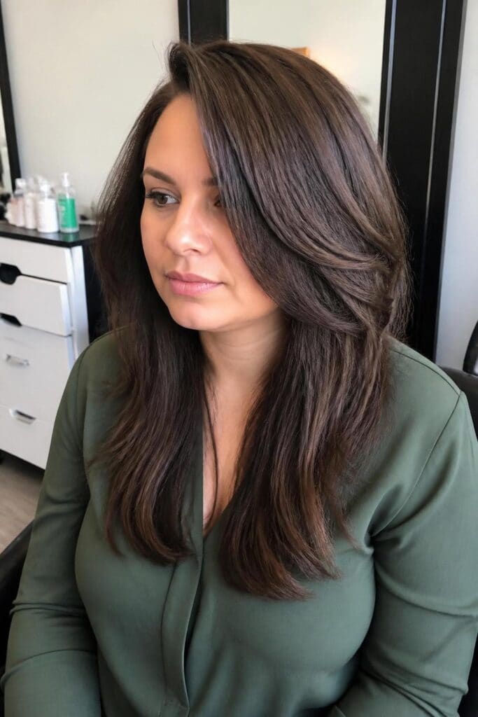 Round Face: Shaggy Long Cut with Deep Side Part