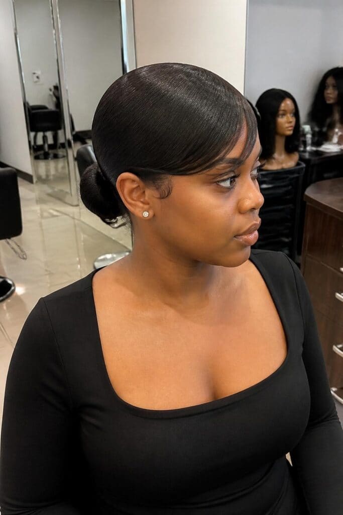 Sleek Low Bun with Swept Bangs
