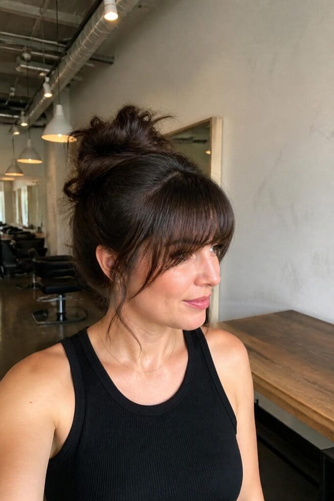 The Messy High Bun with Wispy Bangs