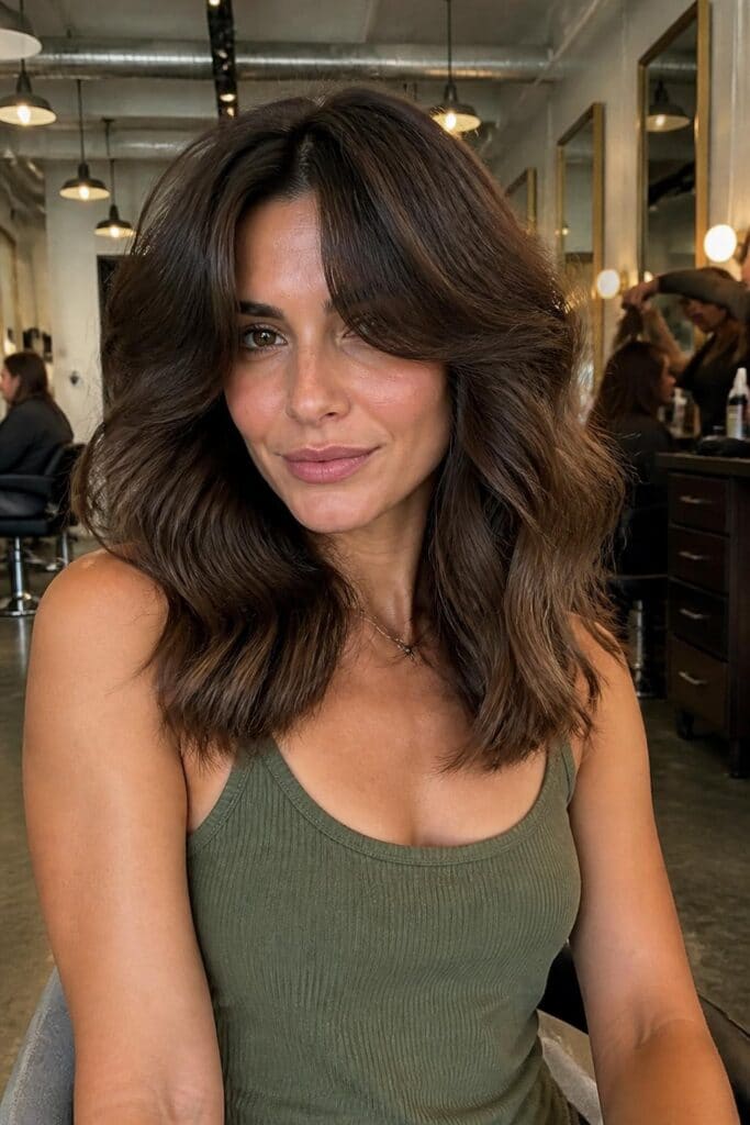 Wavy Layers with Curtain Bangs for Thick Hair