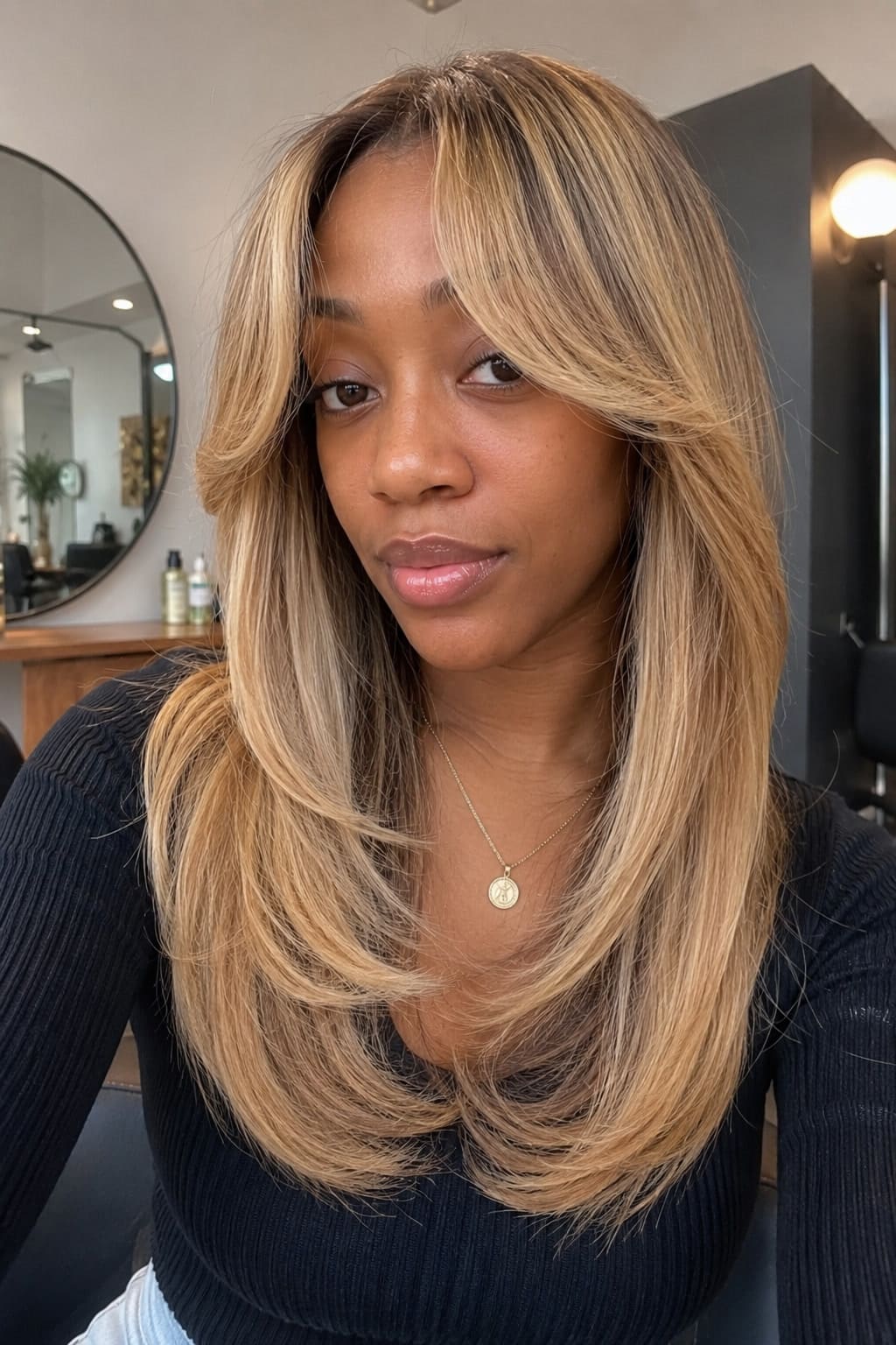 6. Blonde Curtain Bangs on a Silk Press