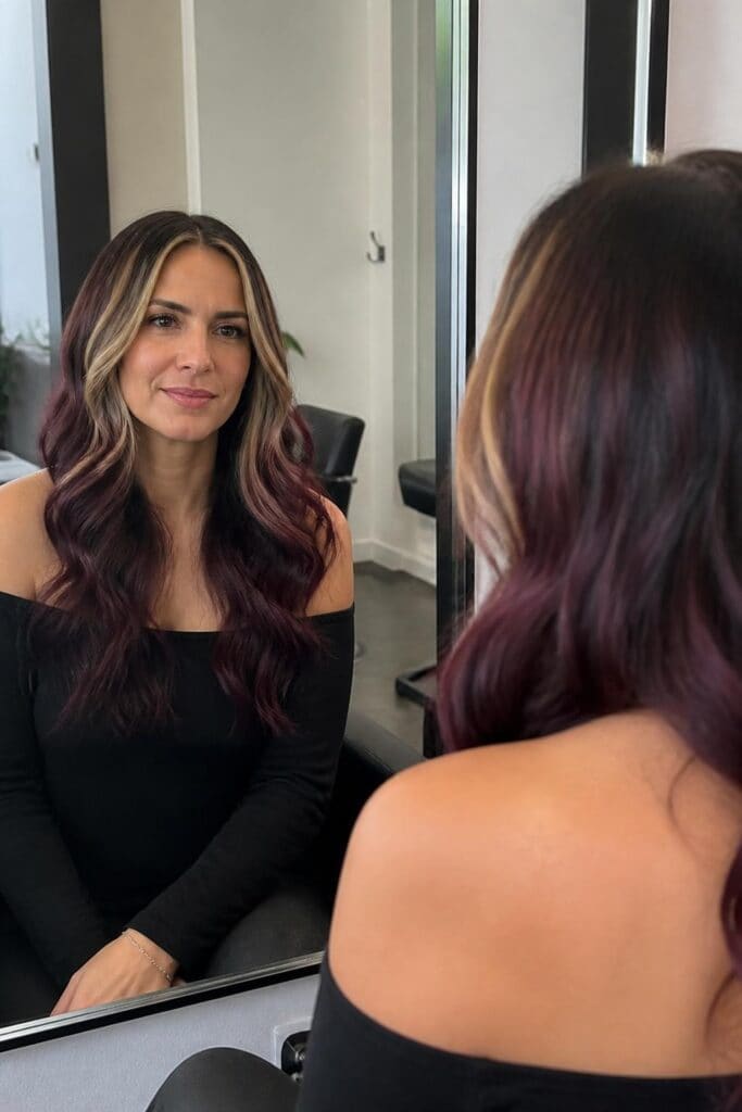 1. Plum Balayage with Face Framing Blonde