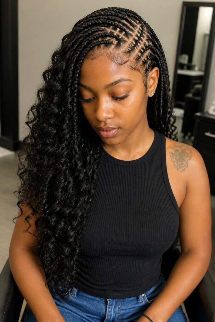 11. Side Part Knotless Braids with Deep Side Swept Curls