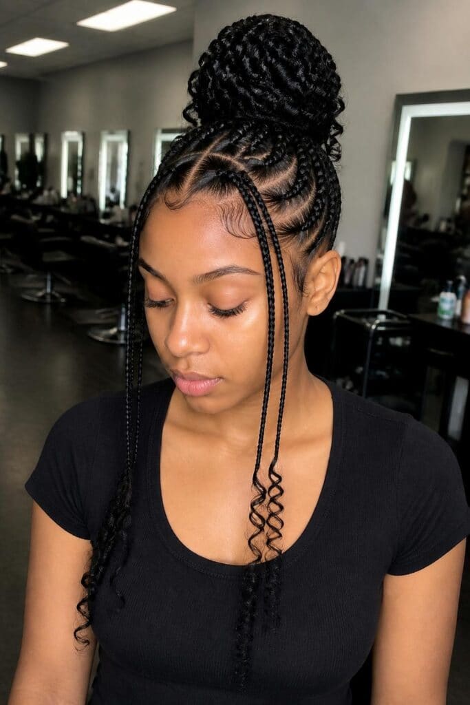 12. Knotless Braids with Curly Ends and a Sleek Bun