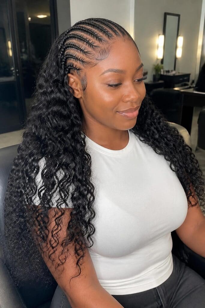13. Cornrows with Long Curly Extensions