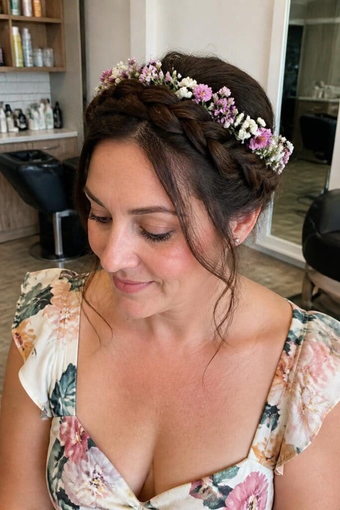 13. Romantic Halo Braid with Flowers